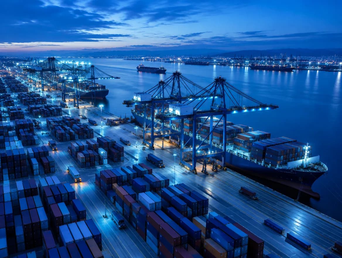 Container port with cargo ships at dusk