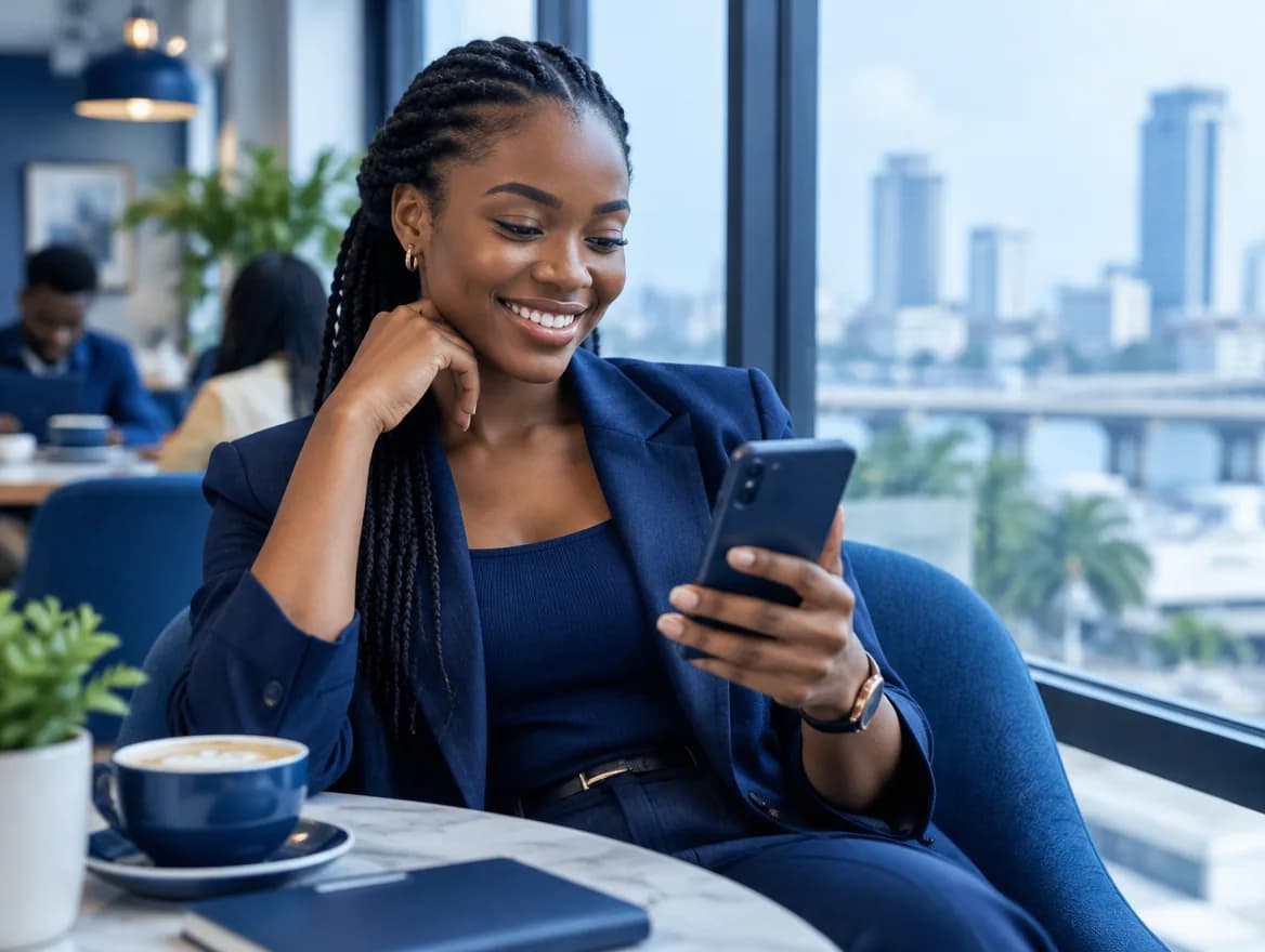 A customer smiling at her phone in a Lagos cafe